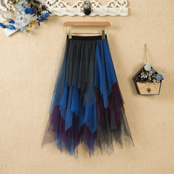 Women's Tulle Skirts High Low Layered Puffy Fairy Skirts Midi Length Irregular Tutu Skirt Blue-purple-green M