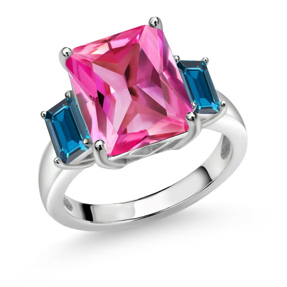 Gem Stone King 7.92 Ct Octagon Pink Created Sapphire London Blue Topaz 925 Sterling Silver 3-Stone Ring (Size 8)