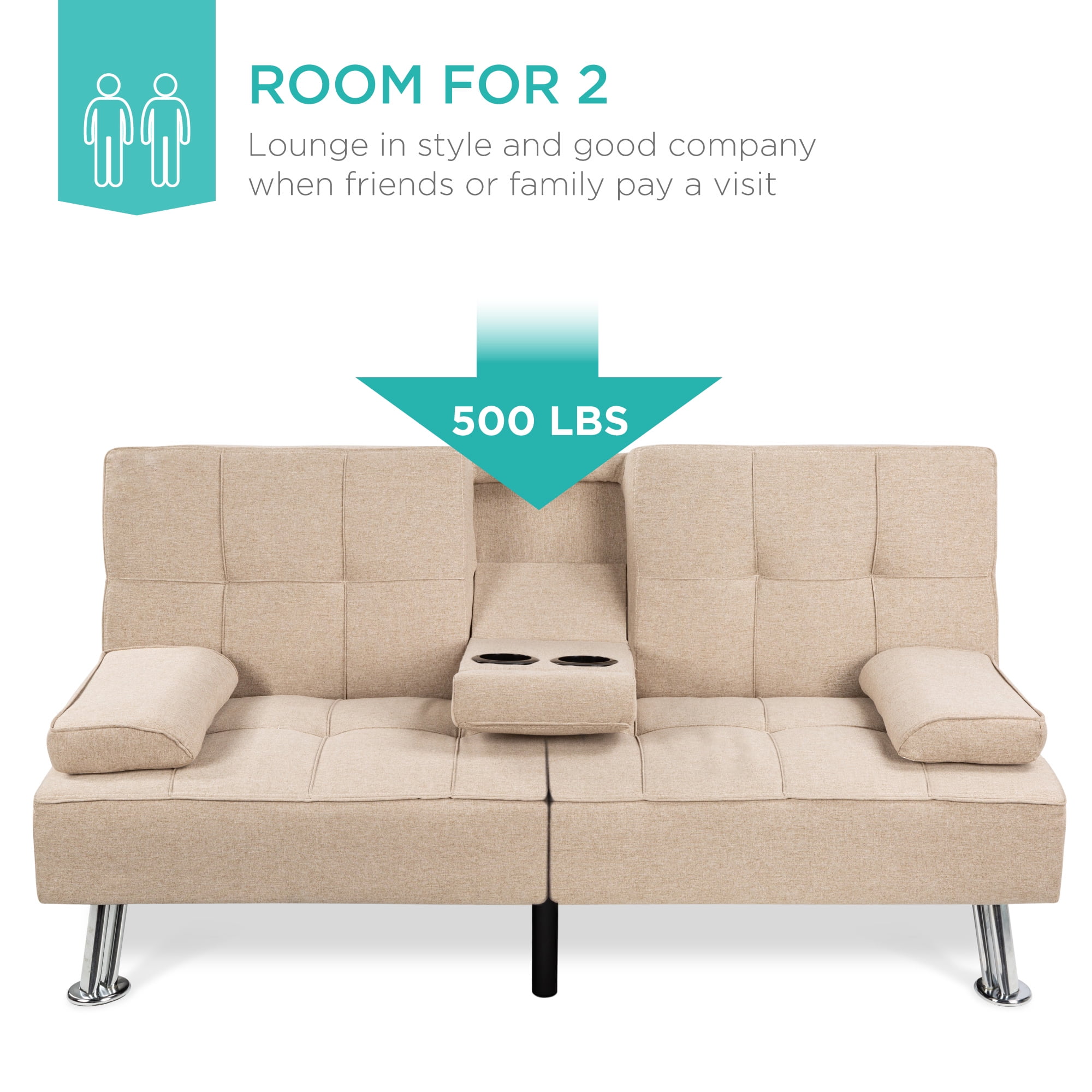 Best Choice Products Modern Linen Convertible Futon Sofa Bed w/ Removable Armrests, Metal Legs, Cupholders - Beige