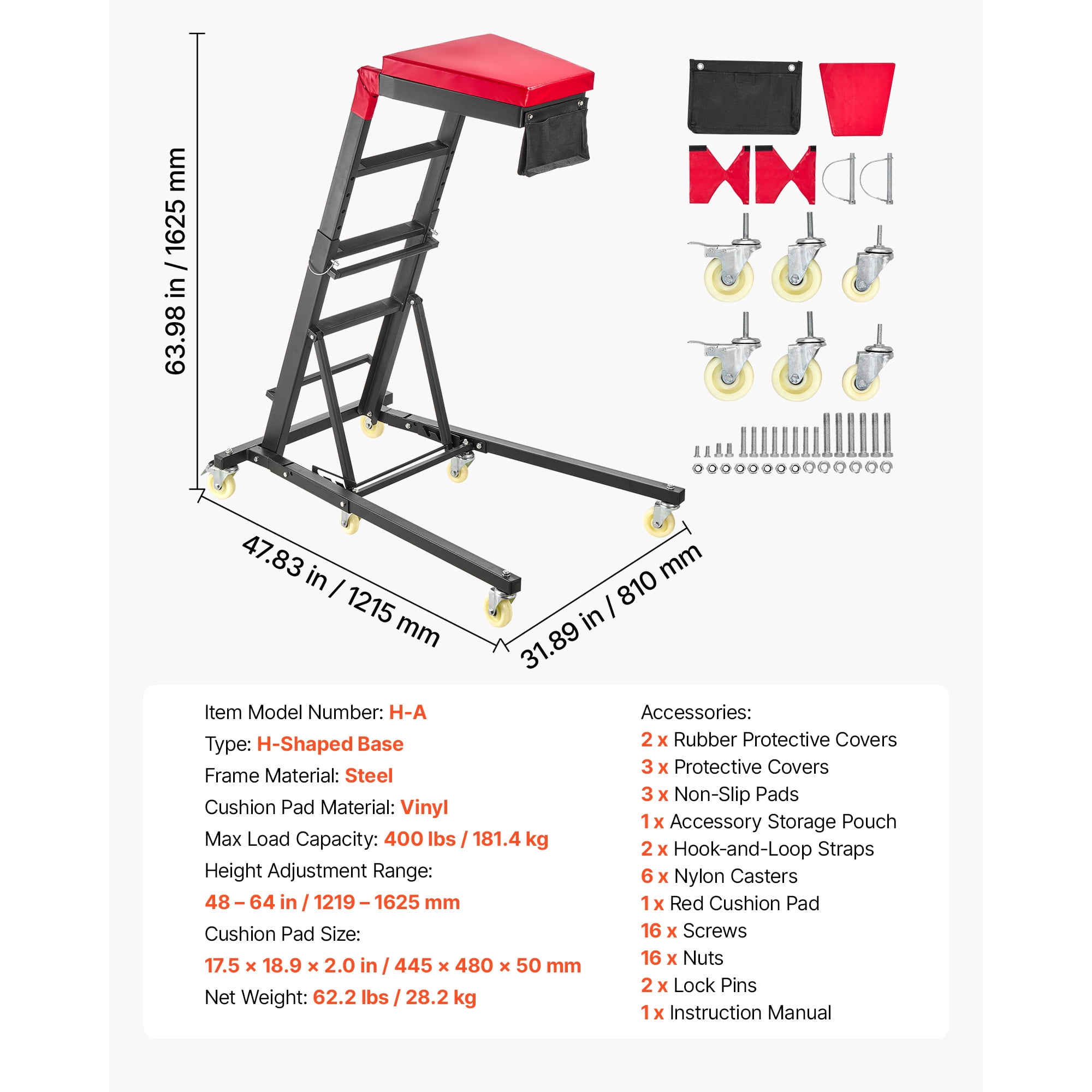 KFFKFF Adjustable Automotive Creeper, 48"-64" High Top Design, Foldable with 400 lbs Steel Support, Stable H-Frame Base, 6 Smooth Wheels for Vehicle Repair and Maintenance