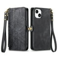 thumbnail image 6 of SaniMore for iPhone 15 Plus (6.7" 2023) Case, PU Leather Embossed Lines with Wrist Strap Zipper Cash Pocket Card Slots Magnetic Flip Stand Full Protective TPU Shell Anti-drop Business Design - Black, 6 of 14