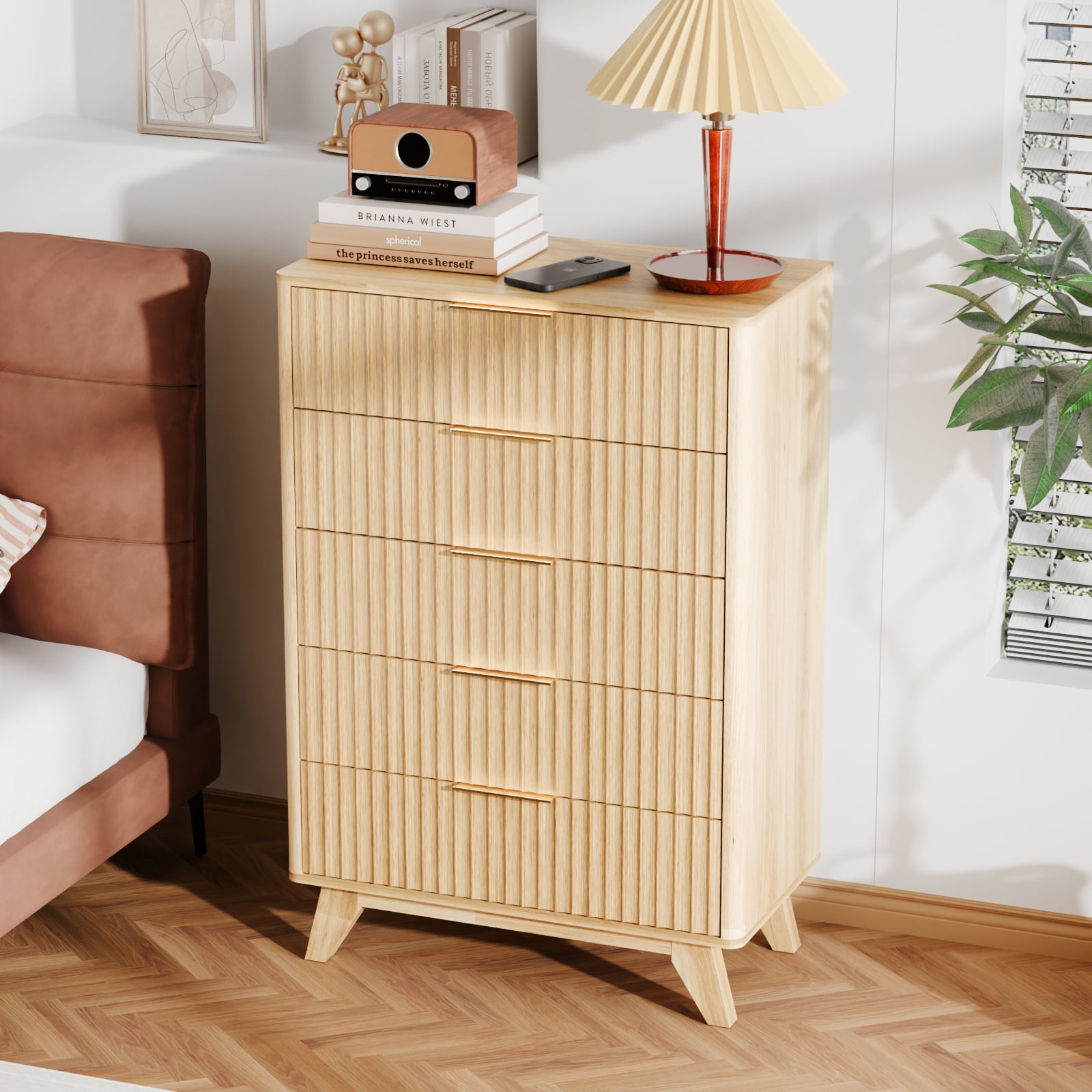Ktaxon Fluted Large 5 Drawer Dresser Solid Wood Chest of Drawers with Soft Close Slides Storage Cabinet for Bedroom Living Room Entryway Walnut