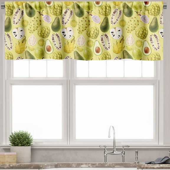 Ambesonne Exotic Valance Pack of 2, Avocados Dragon Fruit Guava, 54"X18", Pastel Yellow Olive Green