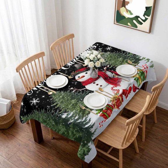 Black Christmas Table Cloth Waterproof Tablecloths, Snowman Xmas Tree Snowflake Winter Gifts Tablecloth Dining Table Cover for Kitchen Party Tabletop Outdoor, Rectangle Tablecloth 60x84 Inch
