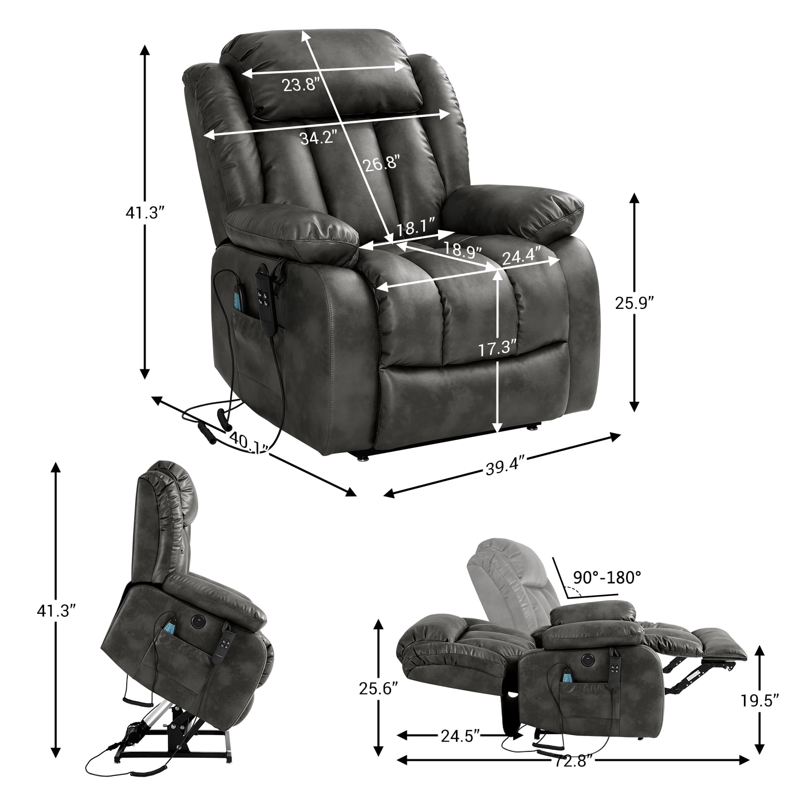 TEKAMON Infinite Position Lift Recliner Chair for Elderly with Heat and Massage Lay Flat Sleeping Leather Dual Motor Power Lift Chair for Living Room (Grey)