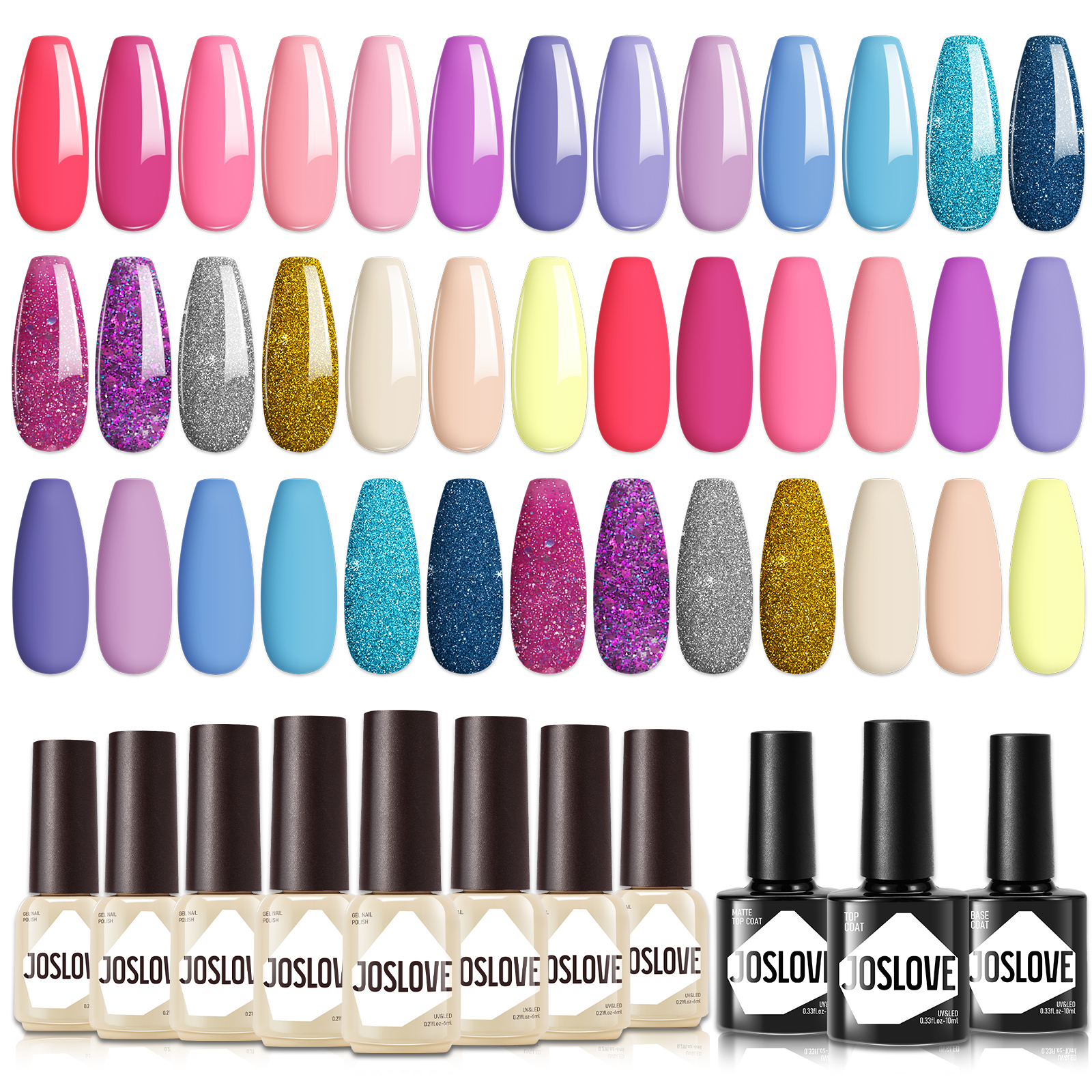 JOSLOVE Gel Nail Polish Kit 20 Colors Hot Pink Purple Glitter Gel