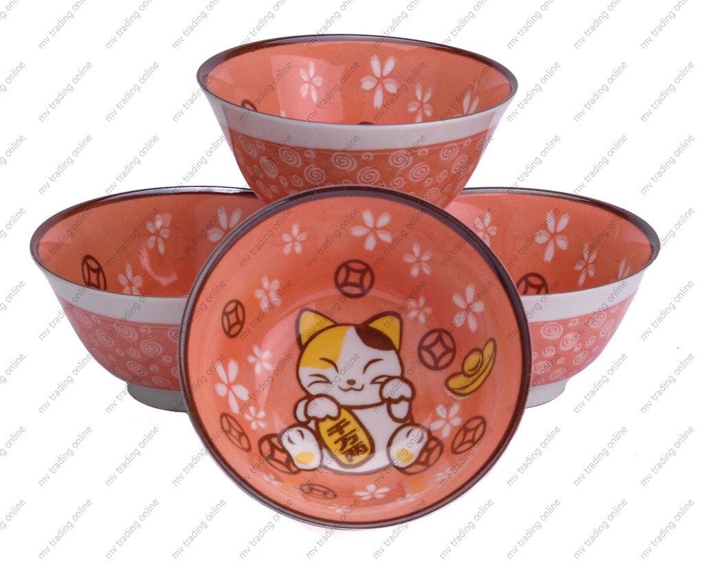M.V. Trading MVSZ14/PK Pink with Japanese Maneki Design Soup Bowl, 5¼-Inch, Set of 4