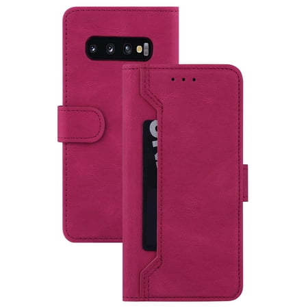 Samsung Galaxy S10 Flip Wallet Case with ID Credit Card Slots,Shockproof Plain Leather Magnetic Closure Folio Flip Kickstand Anti-scratch Phone Cover,Winered