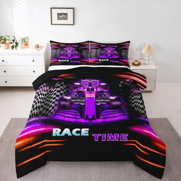Erosebridal Fast Car Bedding Twin Comforter Set,Black Purple Down Comforter,Car Theme Bedding Sets Twin with Comforter,Microfiber Geometric Room Decorative,Reversible,3pcs