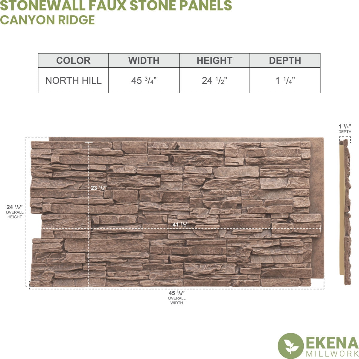 Ekena Millwork 45 3/4"W x 24 1/2"H x 1 1/4"D Canyon Ridge Stacked Stone, StoneWall Faux Stone Siding Panel, North Hill