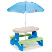 Kids Picnic Table with Adjustable Umbrella, Portable Outdoor Dining Set for Toddlers, 42-Inch Length Lightweight Plastic Indoor/Backyard Play Furniture, Multicolor Design, Easy-Clean Surfaces