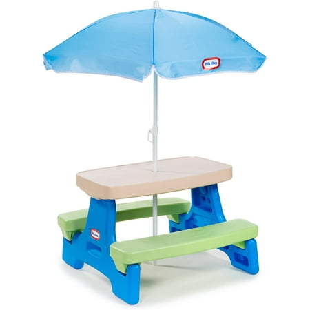 Kids Picnic Table with Adjustable Umbrella, Portable Outdoor Dining Set for Toddlers, 42-Inch Length Lightweight Plastic Indoor/Backyard Play Furniture, Multicolor Design, Easy-Clean Surfaces