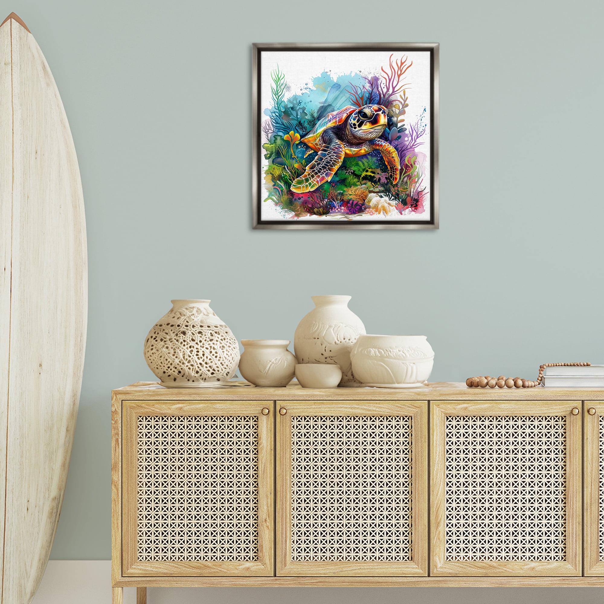 Stupell Industries Coral & Sea Life Turtle Animals Painting Gray Floater Framed Canvas Art Print Wall Art, 25 x 25