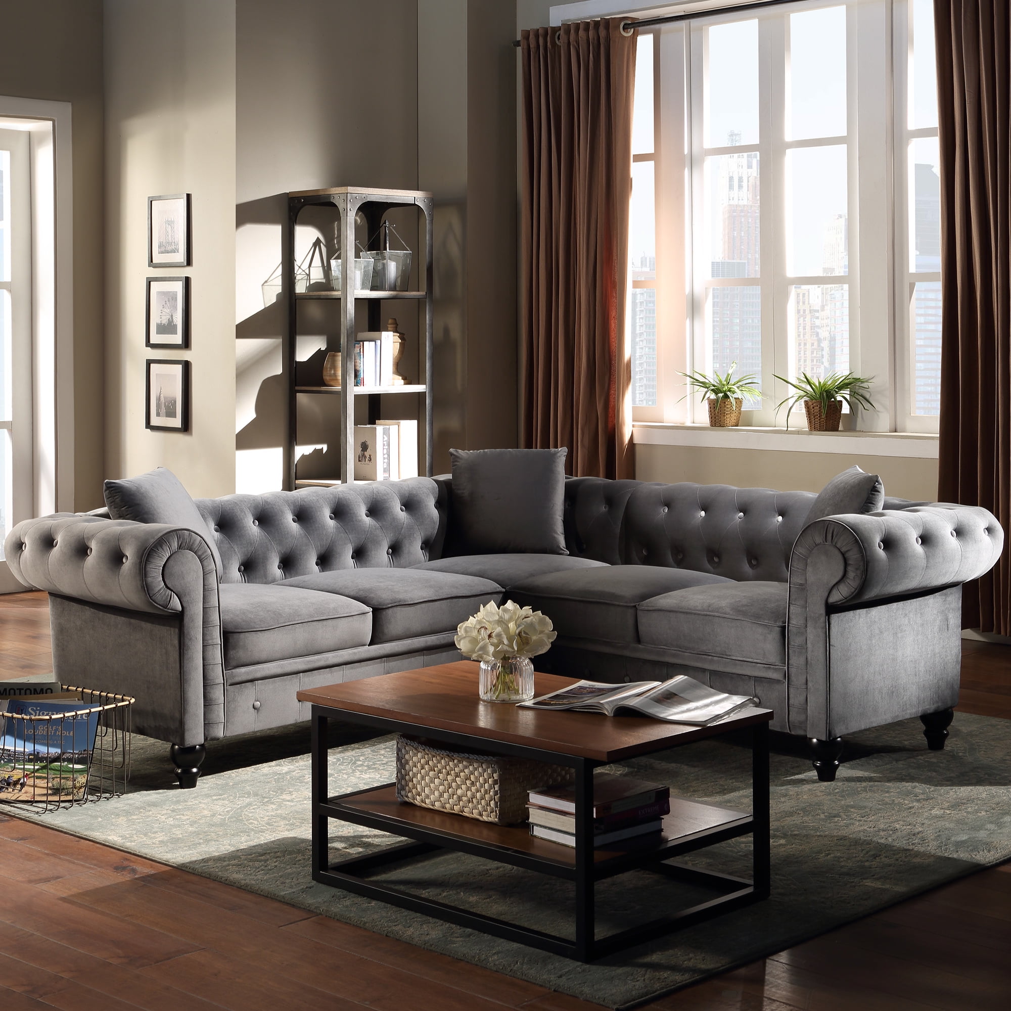 Living Room L-Shape Sofa,Tufted Velvet Upholstered Rolled Arm Classic