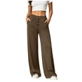 thumbnail image 5 of Women's Cotton Yoga Pants Wide Leg Straight, Mid Elastic Waist Stretchy Soft, Pockets Casual Solid Color, Lounge Workout Fitness Lounge Pants | VerBelle,Brown XL, 5 of 8