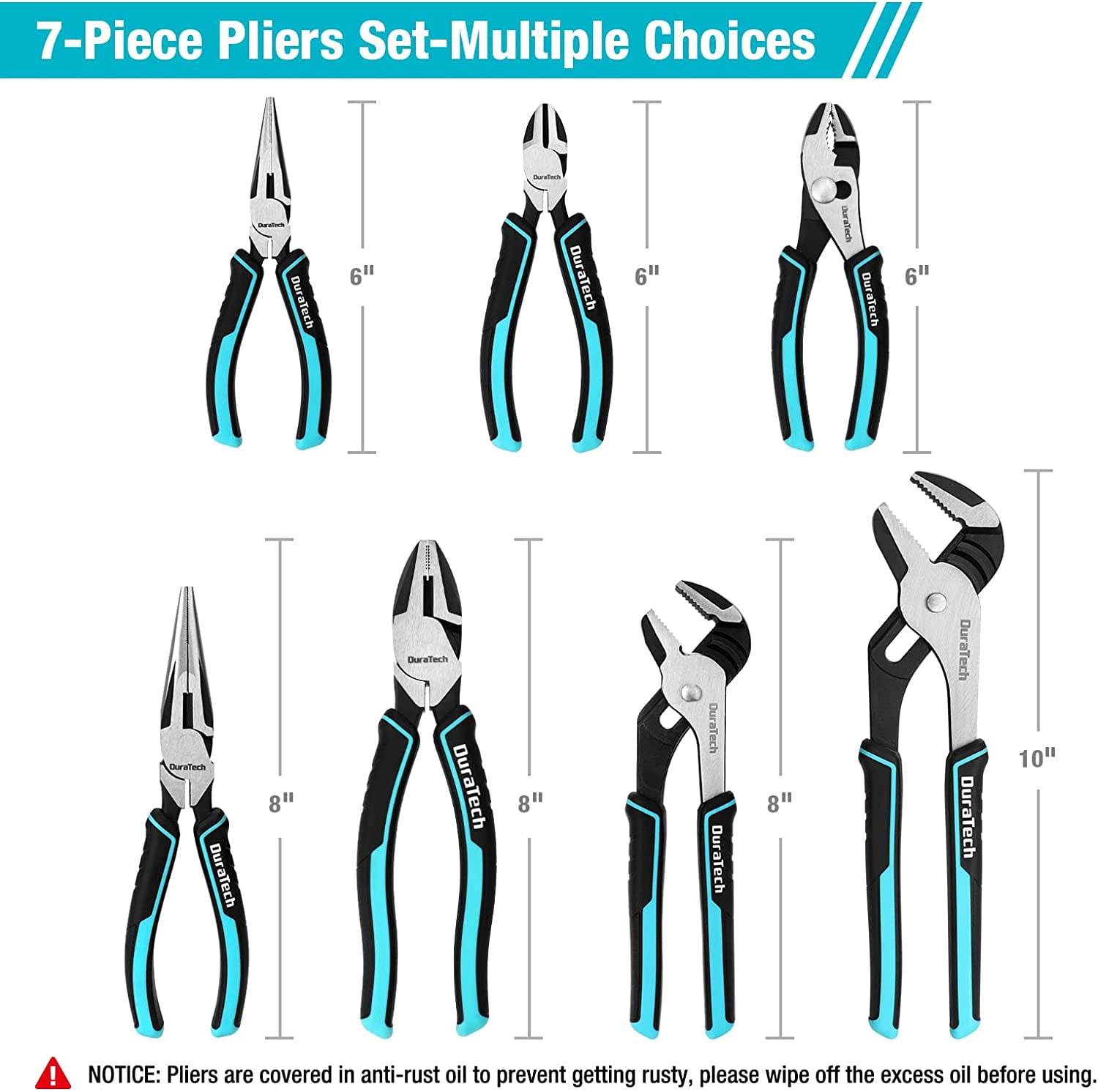 7-Piece Pliers Set with Rolling Pouch, Premium Cr-Ni Construction (10", 8" Groove Joint Pliers, 8", 6" Long Needle Nose, 8" Linesman, 6" Slip Joint, 6" Diagonal) for Basic Repair