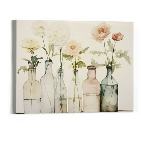 Creowell  Bathroom Wall Art Abstract Flower in Glass Bottle Picture Rustic White Floral Canvas Prints Farmhouse Wall Decor Framed (20x16 Inch)