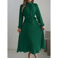 thumbnail image 2 of ZOELNIC Women's Mock Neck Long Sleeve Dress High Waist Belted Pleated Flowy A-Line Cocktail Party Maxi Dress, L, 2 of 7