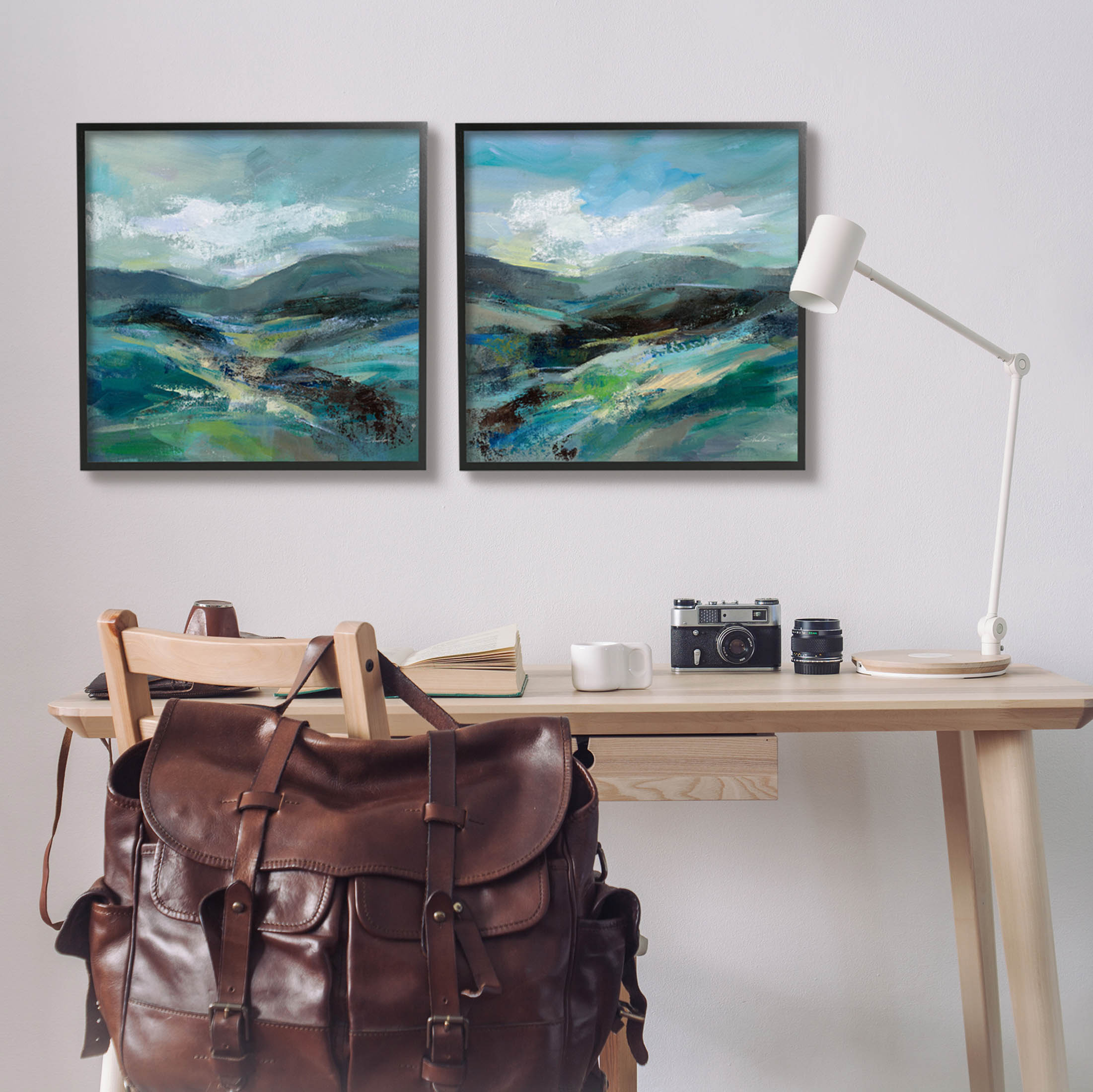 Stupell Industries Modern Mountain Horizon Scene Painting Black Framed Art Print Wall Art, Set of 2, Design by Silvia Vassileva