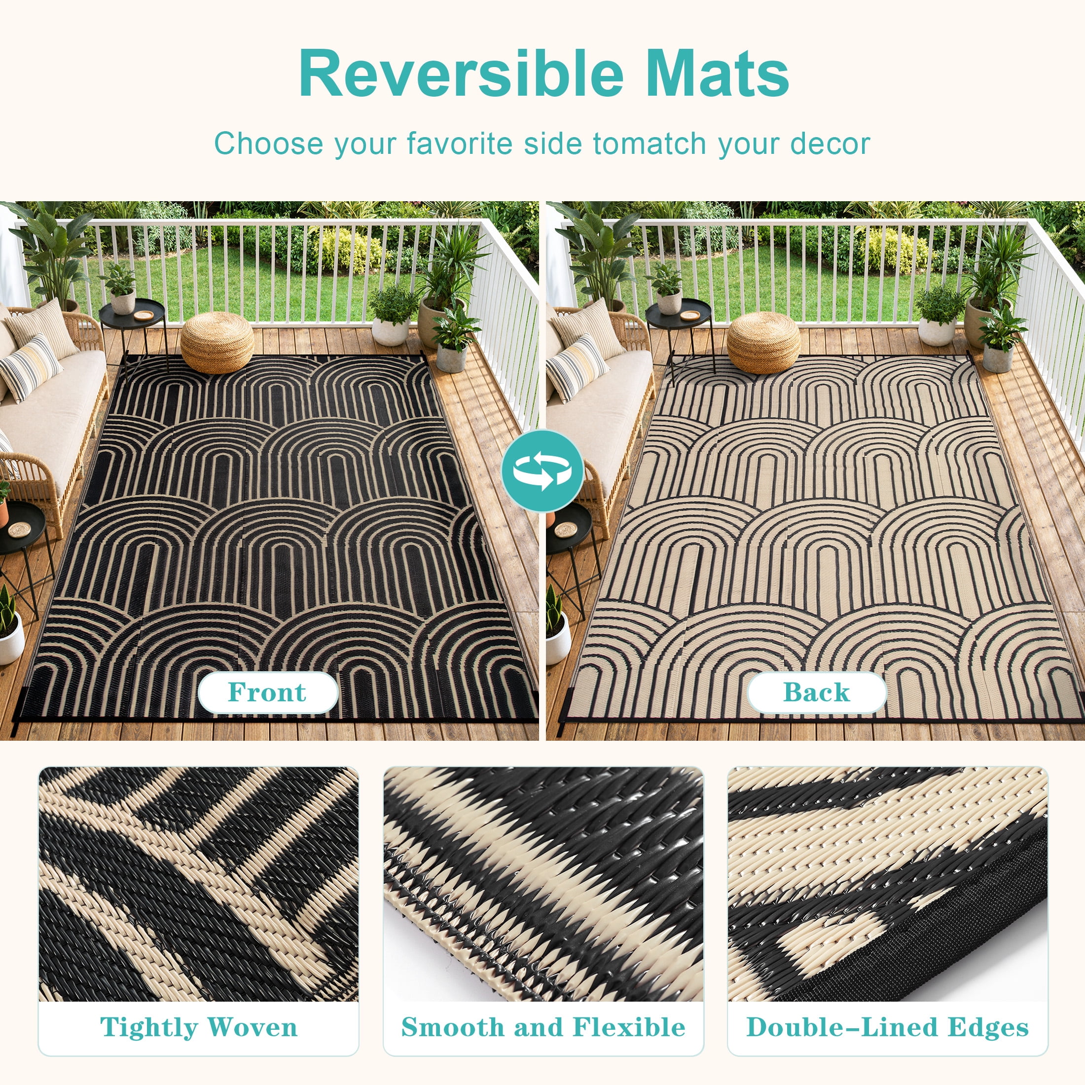 Wonnitar Large Outdoor Rugs Waterproof 8'x10' Reversible Plastic Straw Rug, Modern Rainbow Outside Carpet for RV Patio Deck Porch Balcony Picnic Camping Beach, Black&Brown-Rainbow