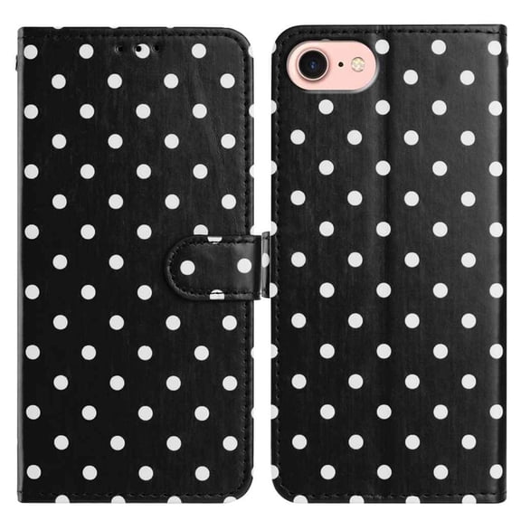 Decase Stylish Polka Dot Pattern Wallet Case for iPhone 16e,Shockproof Card Slots Stand Flip Protective Cover,Folio PU Leather TPU Bumper Hybrid Cover,Black