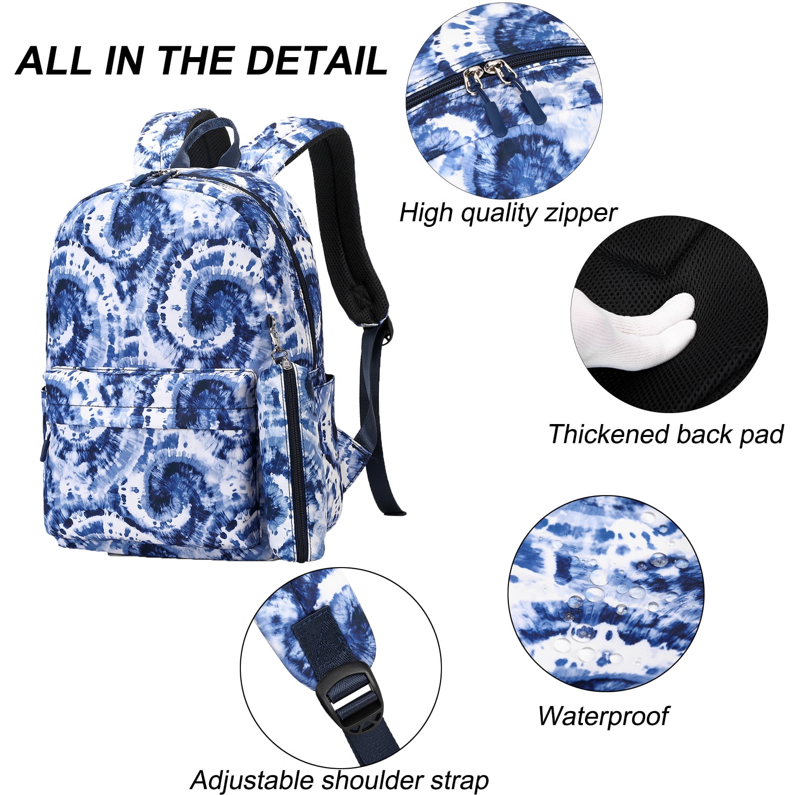 Forestfish Tie Dye Teen Backpacks , 3-Piece Set with Lunch Bag and Pen Bag, Water-Resistant Blue