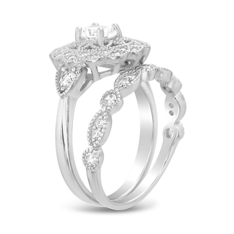 Sterling Silver Cubic Zirconia Delicate Floral Tiara Design Border Ring  Guard Round Halo Engagement Ring