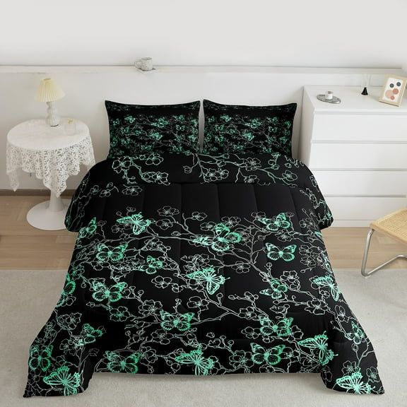 Manfei Dreamy Butterfly Child Bedding Comforter Set, Green Cherry Blossoms Twin Comforter Sets, Romantic Animal Bedding Set, Microfiber Bedroom Decor, 2 Pieces
