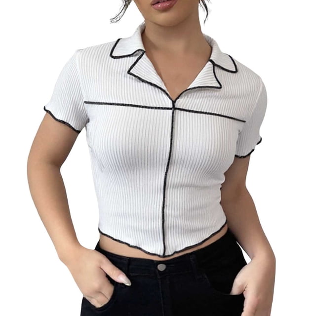 QHFBli Women Knit Crop Polo Shirts,Summer Short Sleeve Ribbed Collared T-Shirt Solid Fitted V Neck Tops