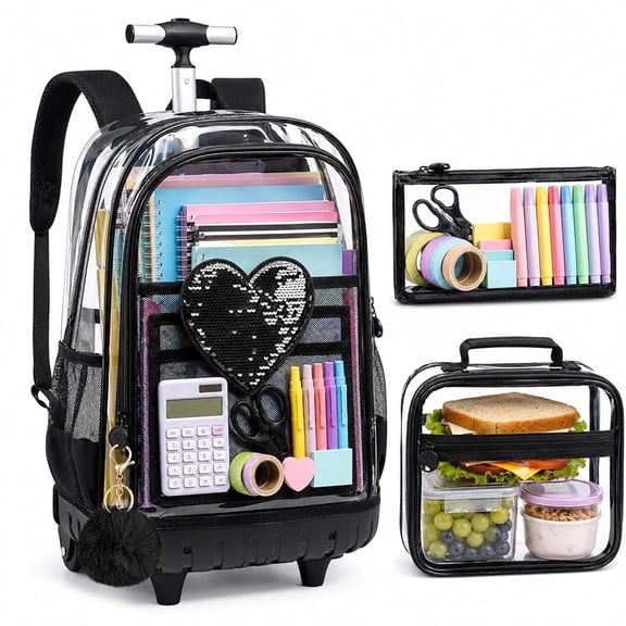 3PCS Clear School Rolling Backpack Heavy-Duty Set for Women & Teen Girls, 20" See Through Wheeled Bookbag with Large Front Pocket, Black Sequin Roller Transparent Bag