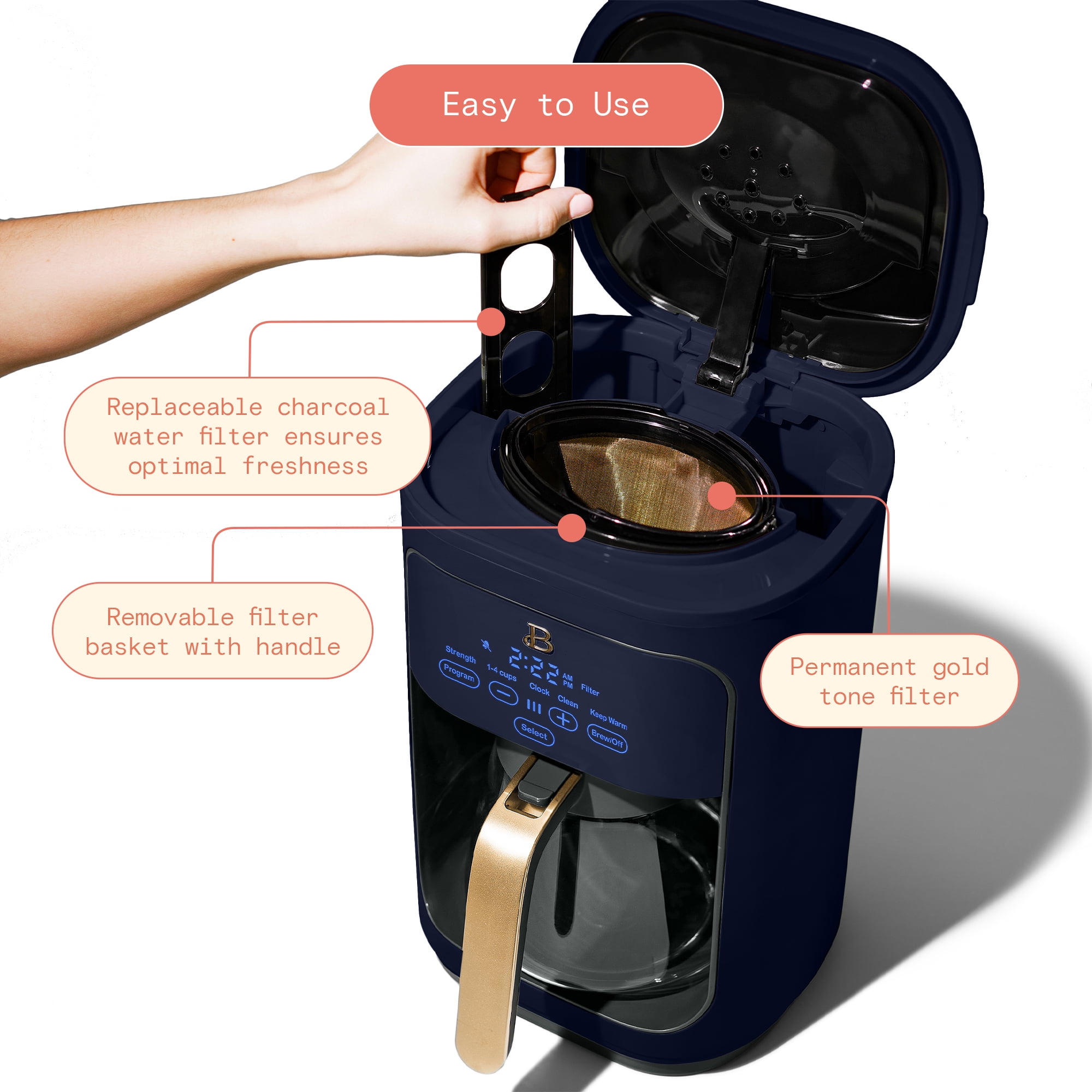 Beautiful 14-Cup Programmable Drip Coffee Maker with Touch-Activated Display, Starry Night by Drew Barrymore, Blue