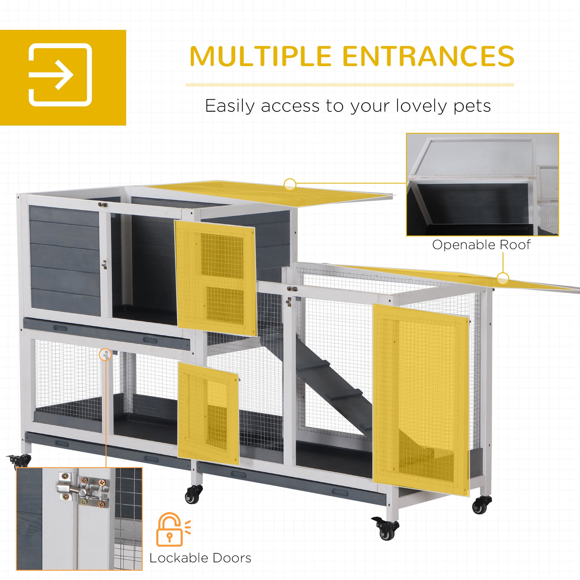 Wooden Rabbit Hutch Bunny Hutch Elevated Pet House Cage Small Animal Habitat with No Leak Tray Lockable Door Openable Top for Indoor 57.75" x 18" x 32.5" Grey