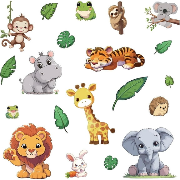 4Pcs Animal Wall Sticker Decor Zoo Animals Window Decals Self-Adhesive Elephant Lion Frog Tiger Monkey Leaf Wall Decal Peel and Stick Removable