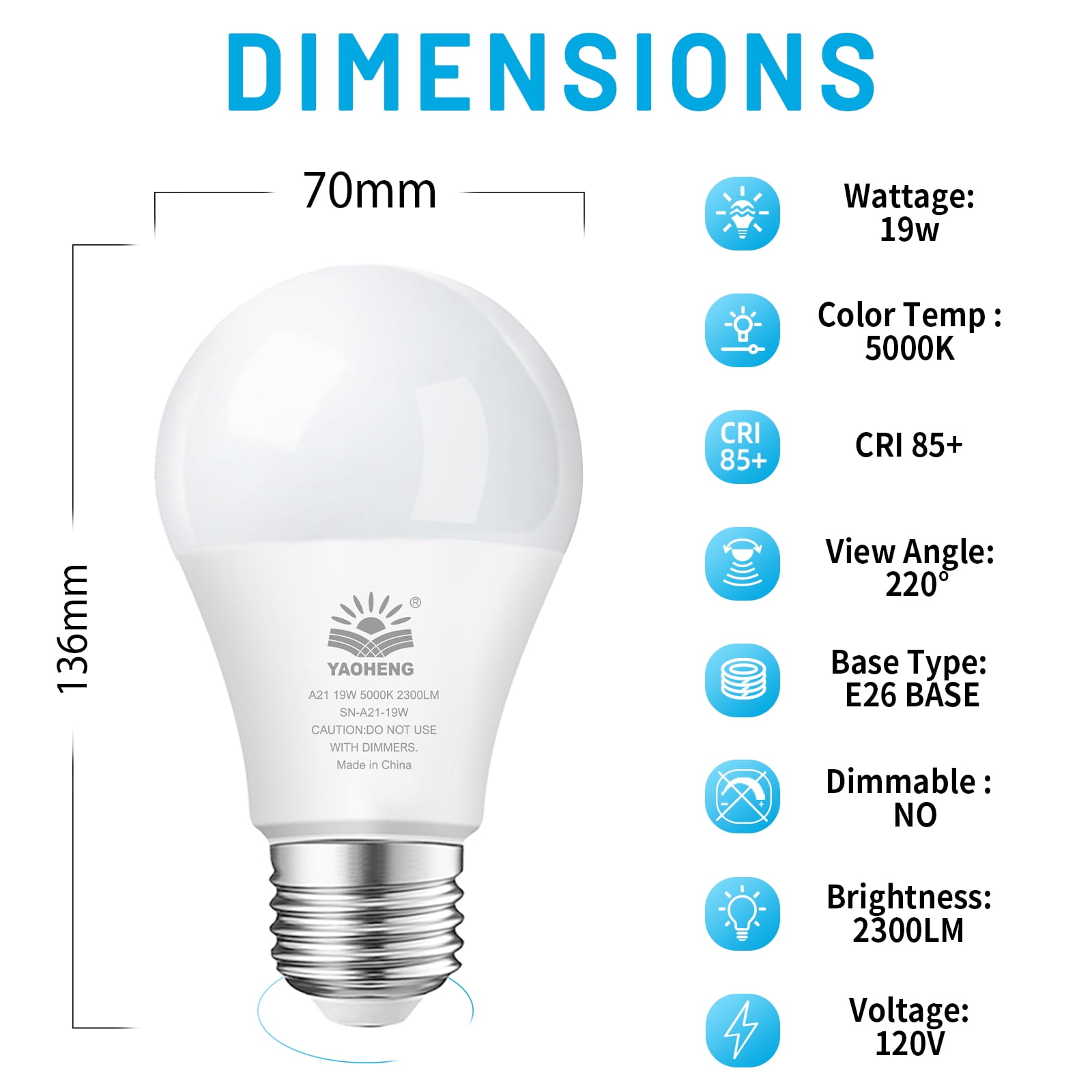 LED Light Bulb A21, 150W Equivalent, 19W 5000K Daylight, 2300 Lumens, Non-Dimmable E26 Base, Super Bright Indoor LED Bulbs, Energy Efficient, ETL Listed (12-Pack)