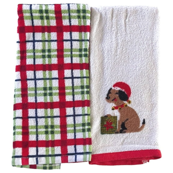 Christmas Plaid Santa Puppy Dog Kitchen Towel Set, 2 Terry Dish Towels