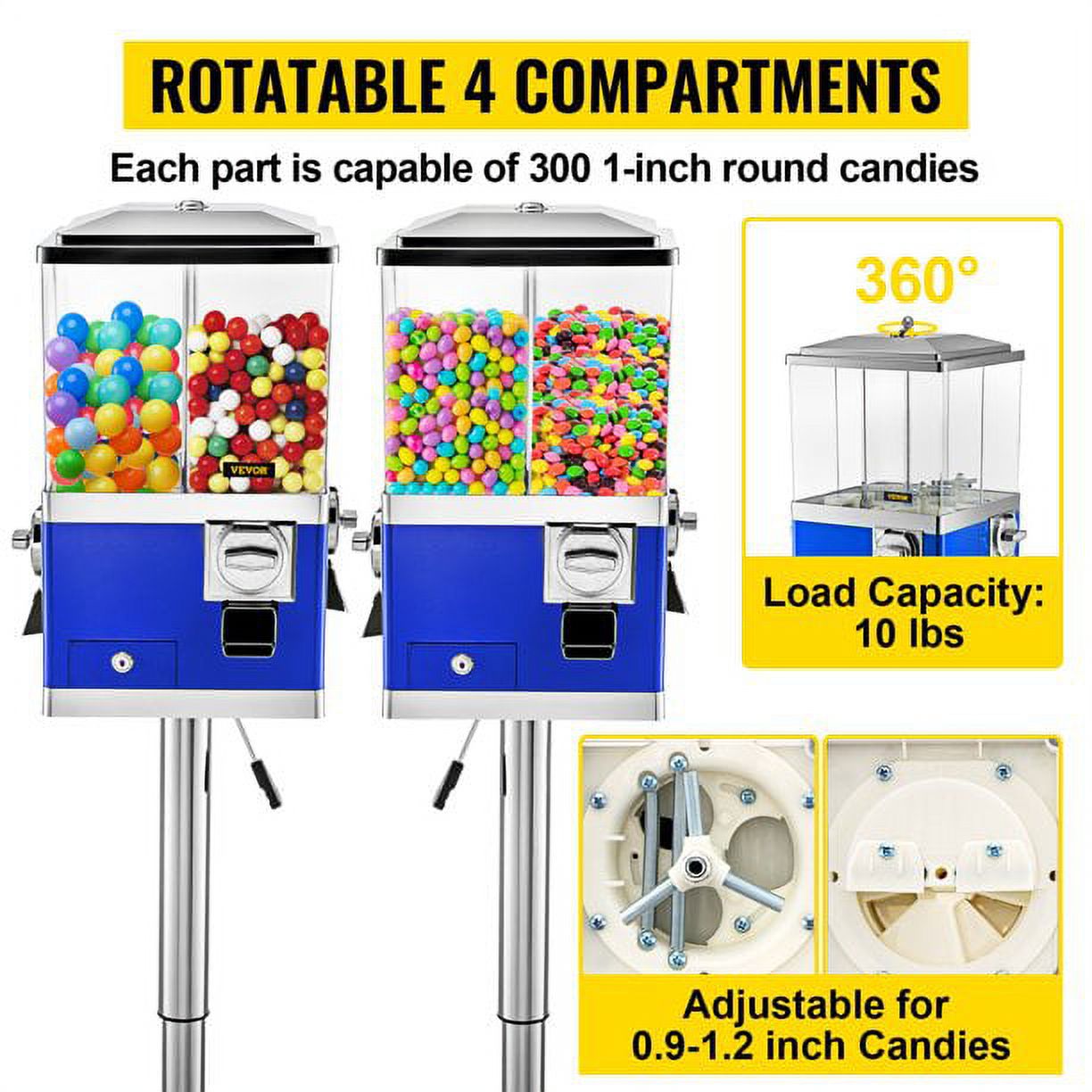 VEVORbrand Gumball Machine with Stand, Blue Quarter Candy Dispenser ...