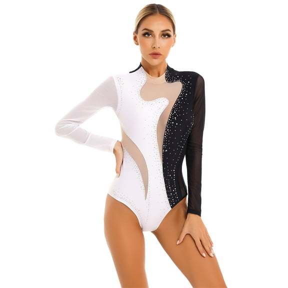 YEAHDOR Womens Shiny Gymnastics Leotard Sheer Mesh Long Sleeve Bodysuit for Workout