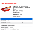 thumbnail image 2 of Right Inner Tail Light Assembly - Compatible with 2018 - 2020 Toyota Camry 2019, 2 of 2