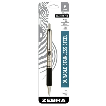 Zebra F-402 Ballpoint Stainless Steel Retractable Pen, Fine Point, 0.7mm, Black Ink,