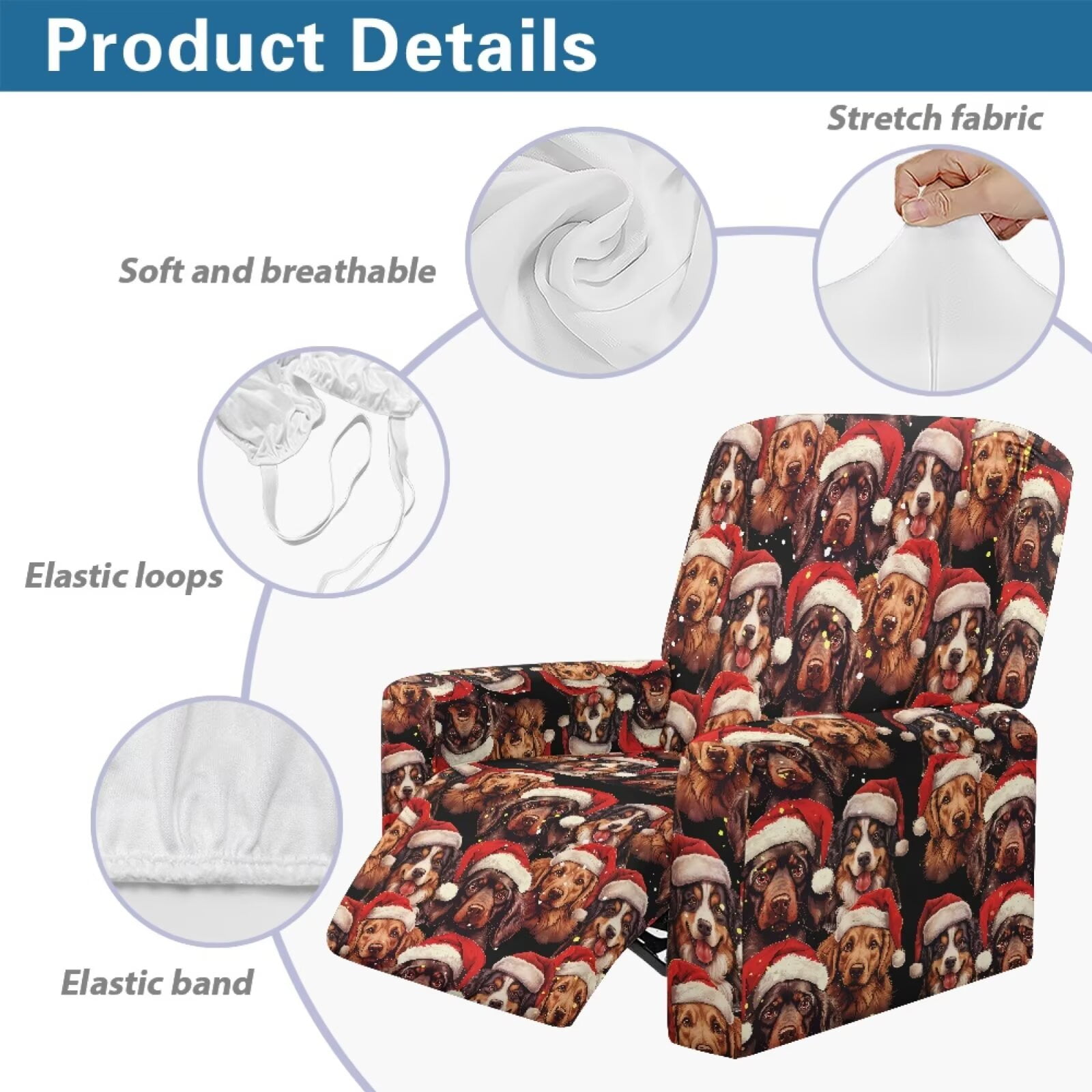 Yuyamidu Christmas Reclining Chair Covers 4 Pieces Dachshund Recliner Sofa Slipcovers with Pocket Breathable Lazyboy Cover for Recliner Chair Gift for Housewarming