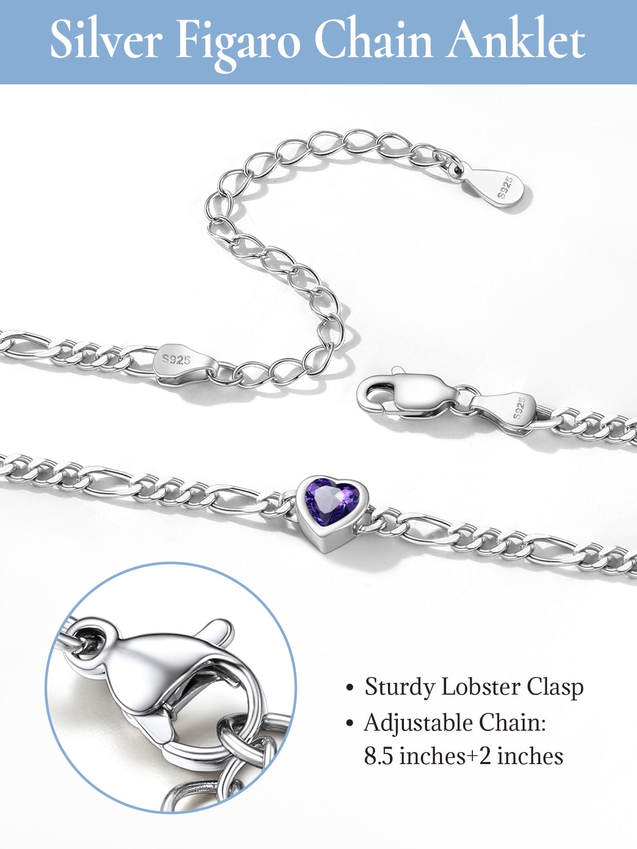 U7 Heart Anklet Bracelet for Women February Purple Amethyst Sterling Silver Figaro Anklet Charming Summer Jewelry Gift Beach Foot Chain for Daughter