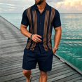 thumbnail image 2 of Men's 2 Piece Outfits Sets Vintage Knit Striped Button Down Polo Shirt & Shorts Sets Short Sleeve Polo Casual Beach Suits Navy XXXL, 2 of 4