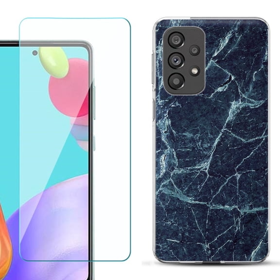 Slim-Fit Gel TPU Phone Case for Samsung Galaxy A33 5G, with Tempered Glass Screen Protector, by OneToughShield ® - Marble / Blue