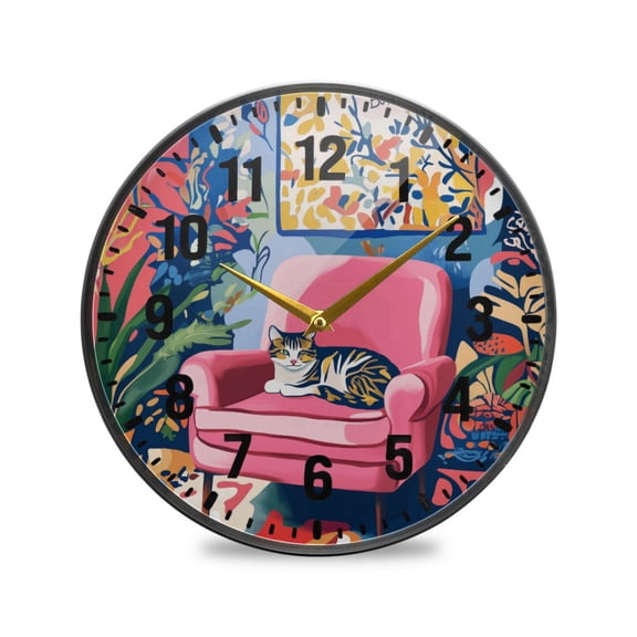 Yayeee Wall Clock Battery Operated 9.5" Silent Quartz Non-Ticking for Living Room Decor, Art Cat