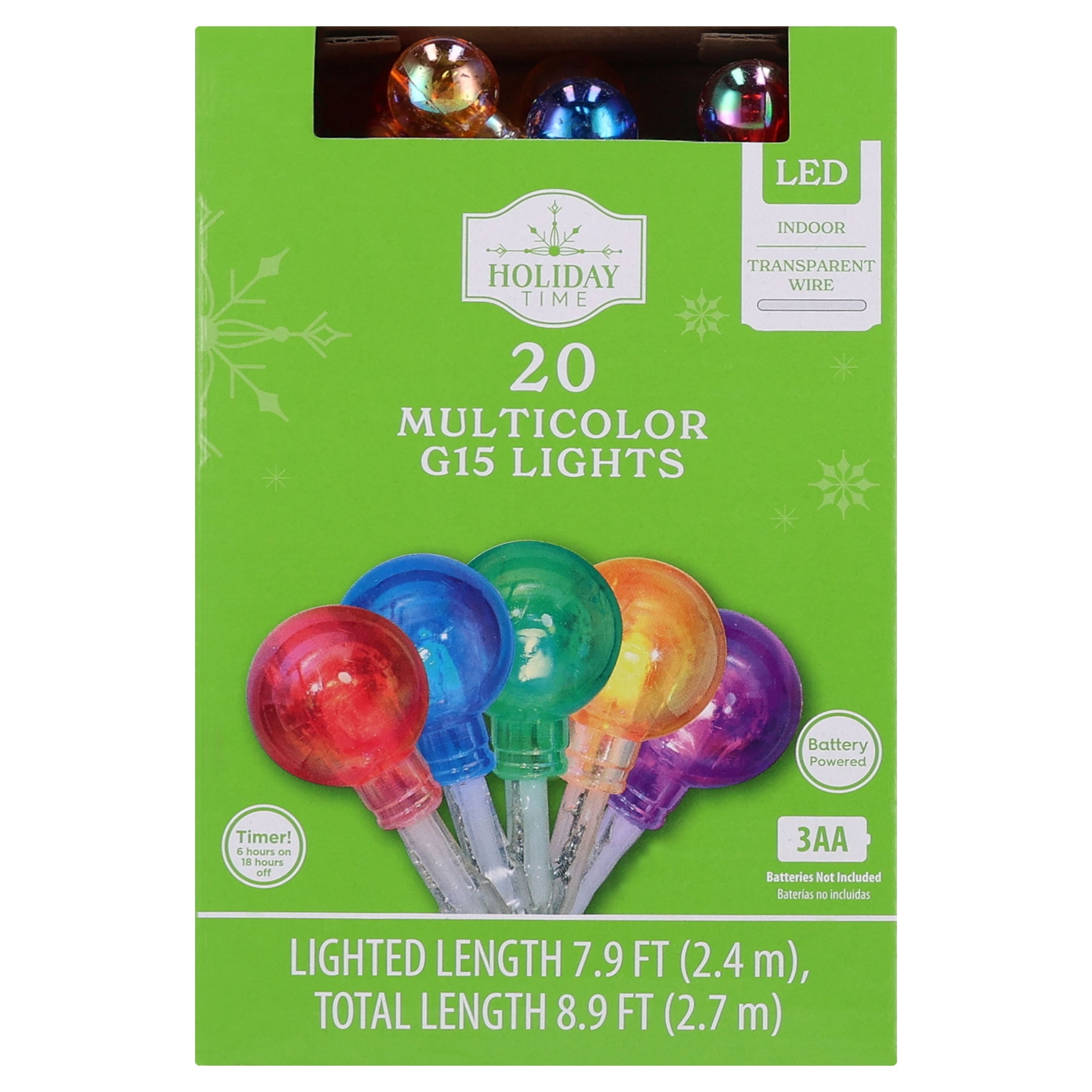 Indoor 20-Count Battery-Operated LED G15 Christmas String Lights, Multicolor, Transparent Wire, 7.9', by Holiday Time