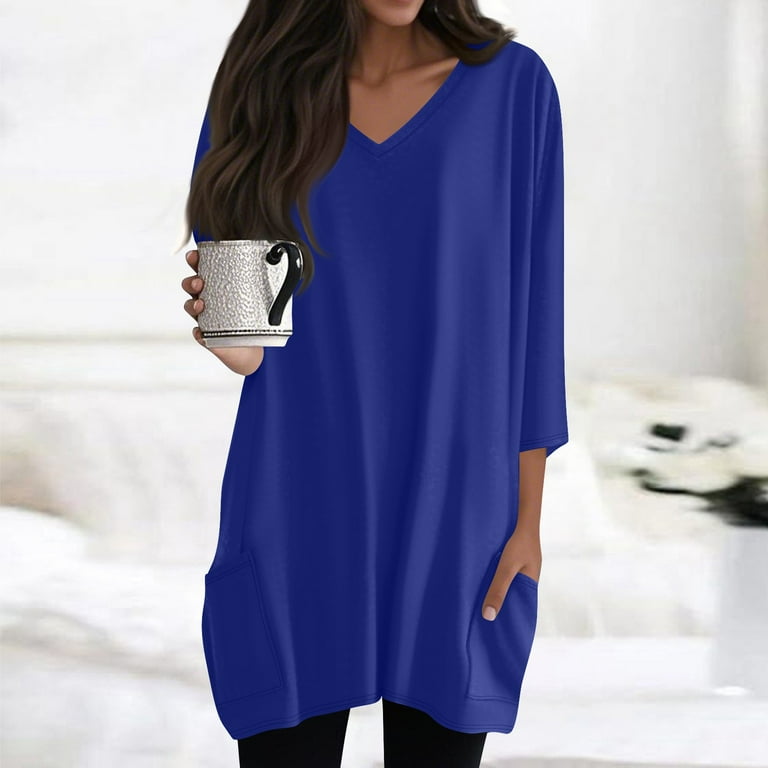 DENGDENG Tunic Dress for Women Loose Fit Dressy Summer 3/4 Sleeve