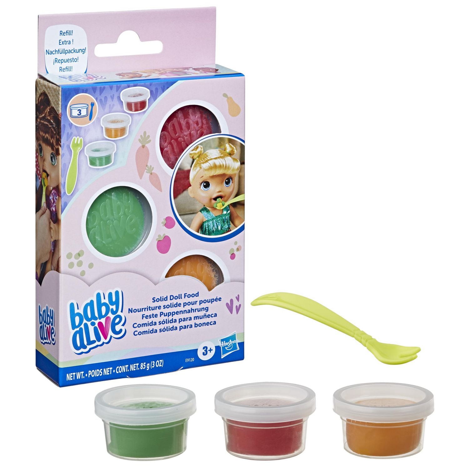 Baby Alive Solid Doll Food Refill, Includes 3 Doll Foods, 1 Fork, Toy Accessories for Kids Ages 3 Years Old and Up