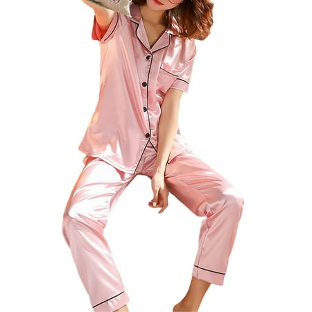 

Cathery Two Pieces Women Silk Satin Pajamas Set Long Sleeve Tops+Pants