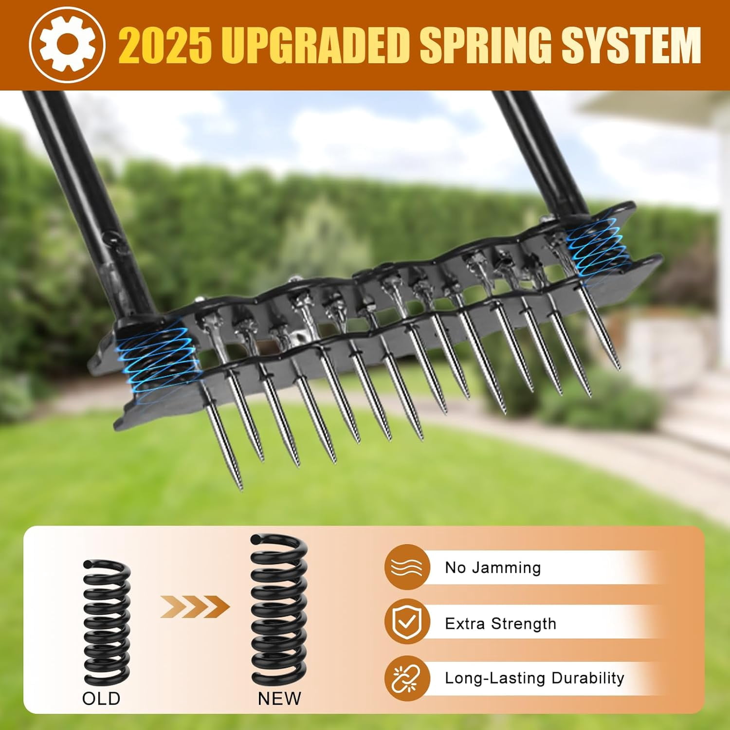 Lawn Aerator Tool with 14 Metal Spikes – Manual Yard Spring Base & Auto Leaf Cleaning for Soil Aeration, Care, Grass Health Heavy Duty Garden, Backyard, Patio