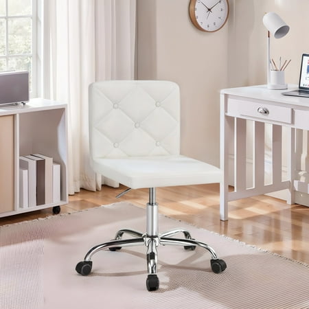 VECELO Armless Office Desk Chair, Silent Wheels, Height Adjustable PU Leather 360 Swivel Task Chairs, White